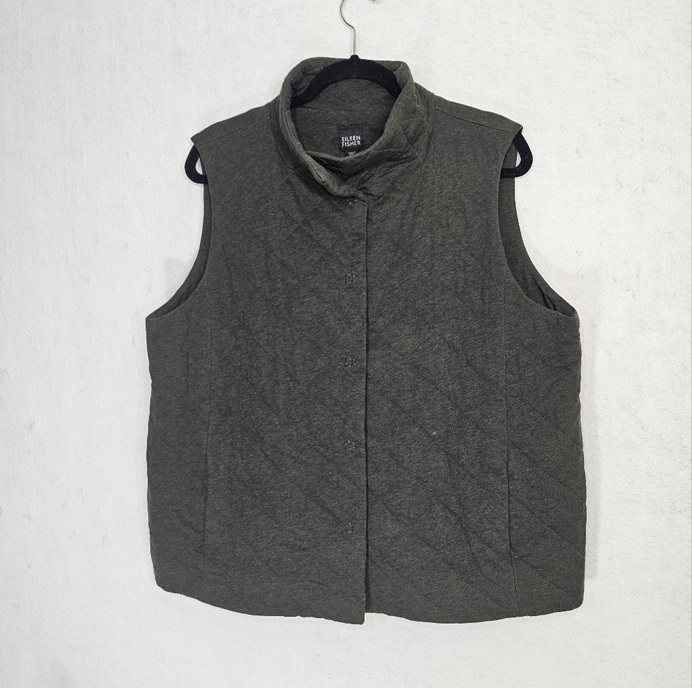 Eileen Fisher Green Quilted Mock Neck Snap Front Vest XL